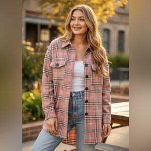 Yakita Womens Plaid Flannel Shirt Jacket Pink Button Down NWT Small